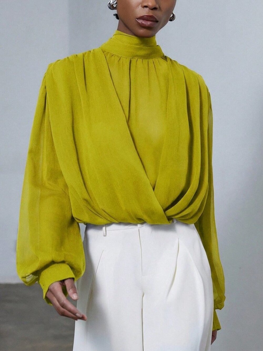 Green Chic Women's Mock Neck Blouse with Wrap Front and Oversized Puff Sleeves - Picture 6 of 7